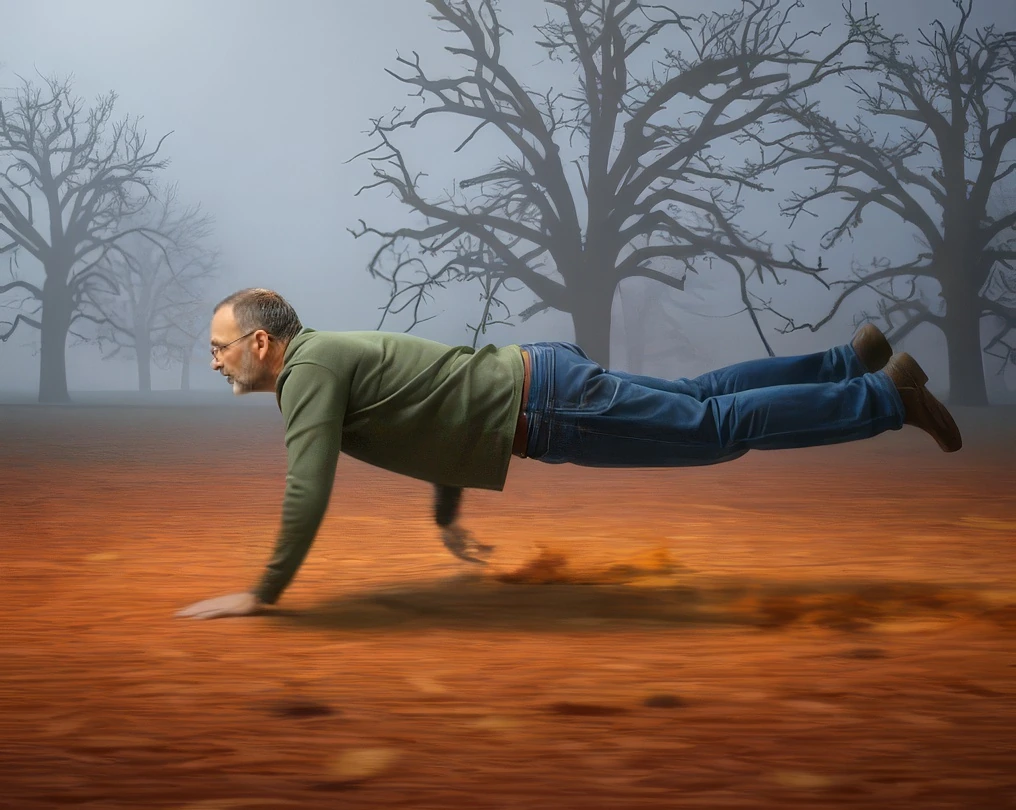 Brien Kautz levitating playfully above a misty autumn field
