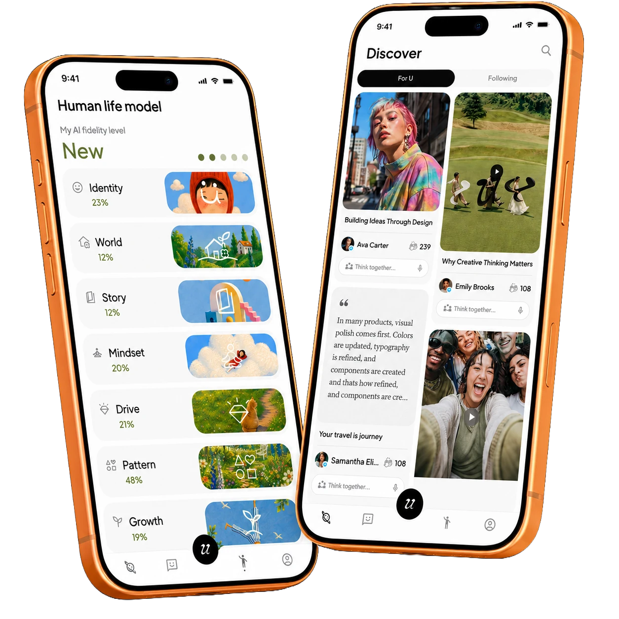 The Uare.ai mobile app — the Human Life Model screen alongside the Discover feed