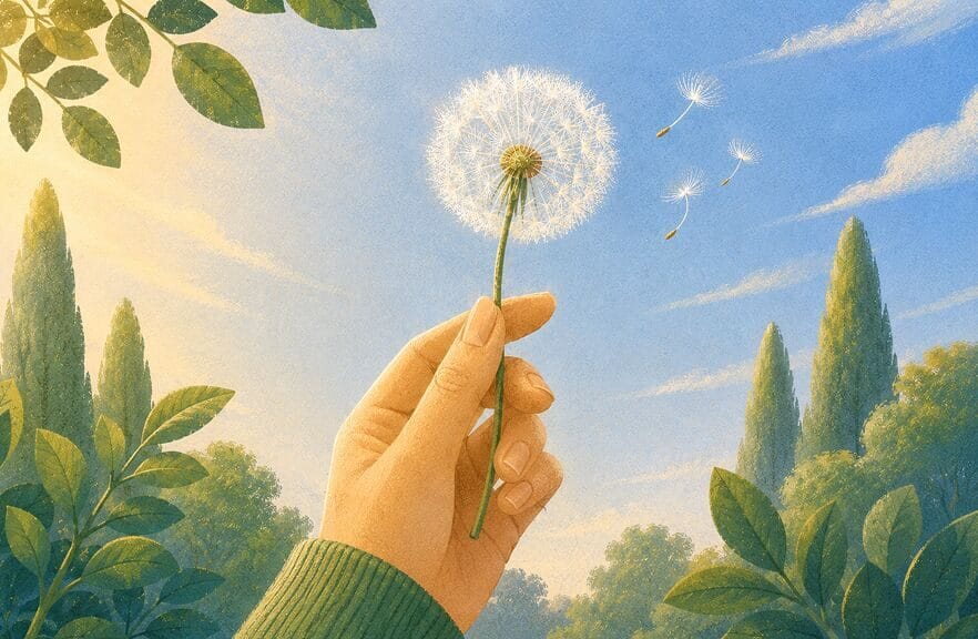 A hand holding a dandelion as its seeds drift across a bright sky