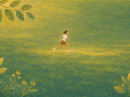 An illustration of a person running freely across a sunlit green meadow