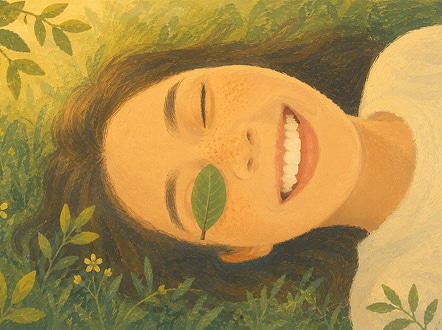 An illustration of a person smiling while lying in the grass, a leaf resting on their cheek