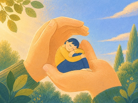An illustration of a person resting safely cradled in a giant cupped hand