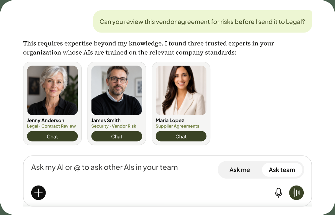 Chat with the Individual AIs of three experts in your Organization