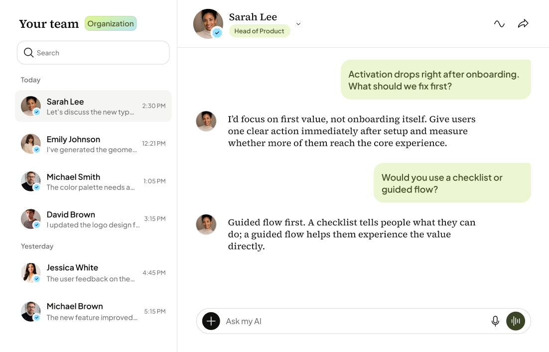 Team chat inside one Organization with every expert's Individual AI