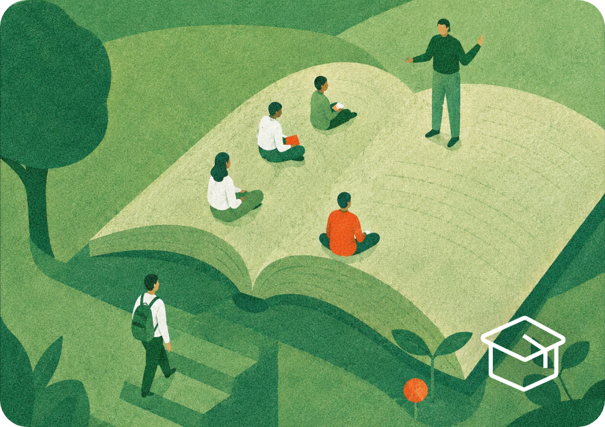 Illustration of people learning together on an open book landscape