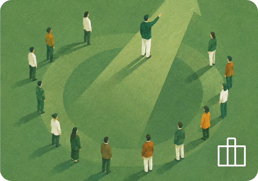 Illustration of a circle of people gathered around a leader