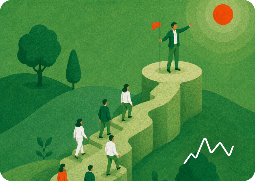 Illustration of a team walking a winding path toward a leader planting a flag